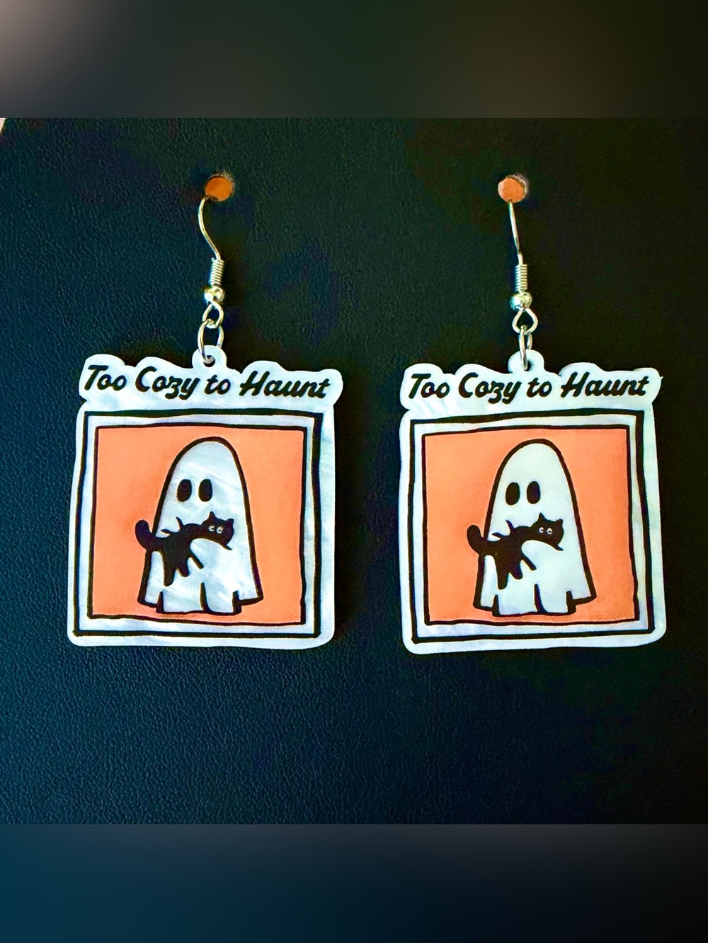 "Too Cozy to Haunt" Ghost & Black Cat Halloween Dangle Earrings 👻🐈‍⬛